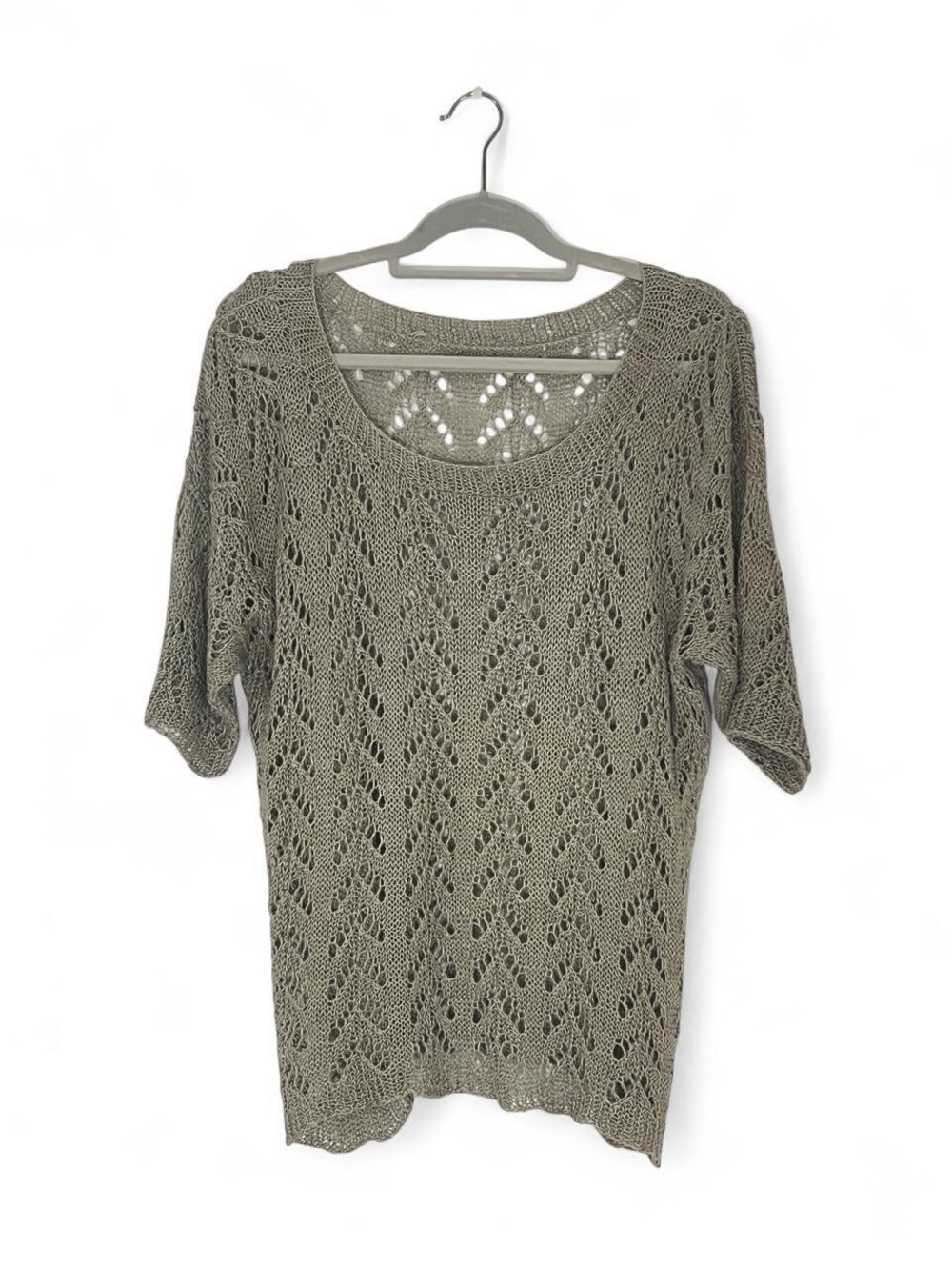 Open-Knit Short Sleeve Sweater Top - Olive Green